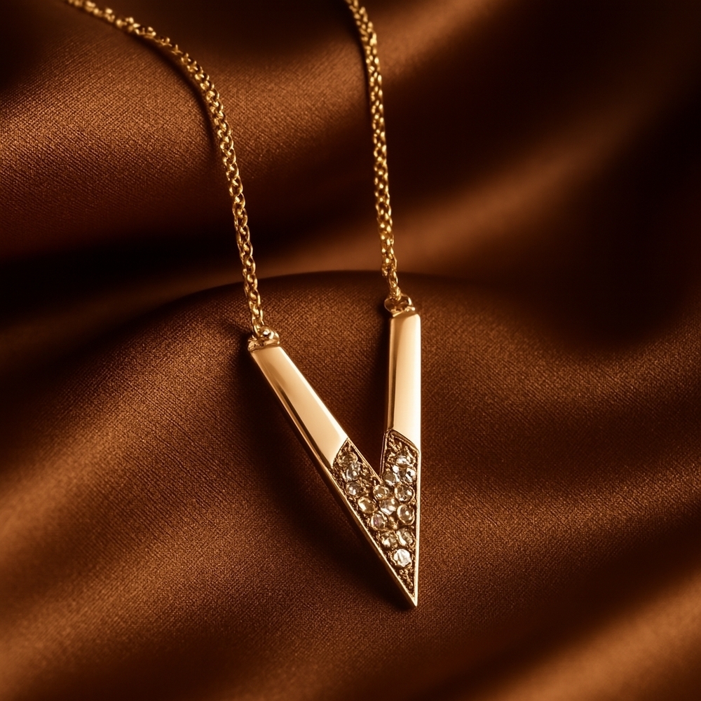 Express Gold ‘V’ Pendant Necklace – Crystal Accents, Sparkling Statement Jewelry